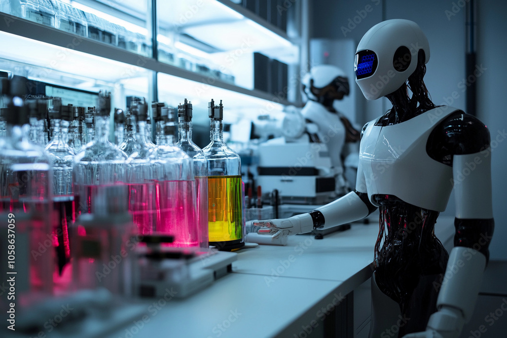 Poster Robots conducting experiments in a modern science lab