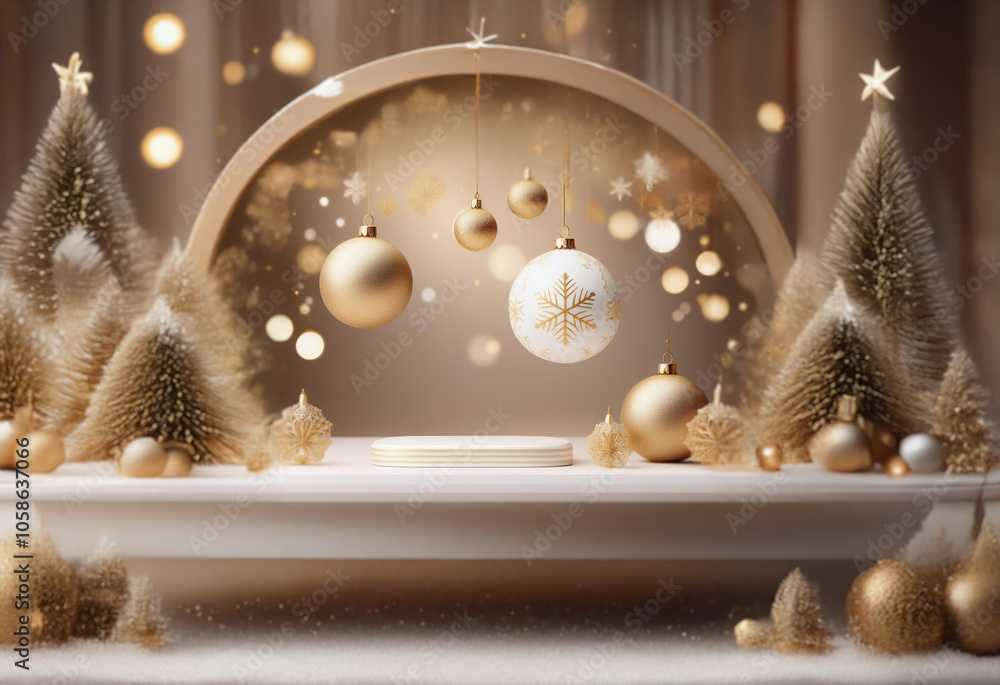 Poster a winter wonderland scene with gold and white ornaments and trees against a soft brown backdrop with