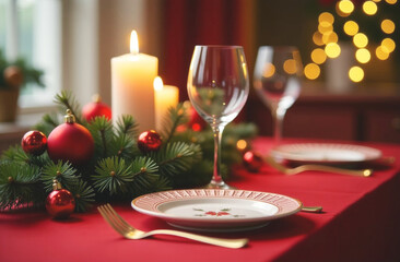 Fototapeta premium A beautifully decorated dining table features candles, sparkling ornaments, and dinnerware, creating a warm holiday ambiance.