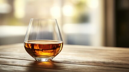 Whiskey in a glass rests on a wooden table, creating an inviting atmosphere. The whiskeys rich color and texture are highlighted, while the background offers ample copy space.