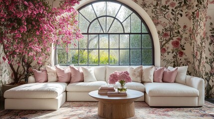 A large white sectional sofa sits in front of a large arched window, with pink flowers in a vase on a coffee table. The wall is covered in floral wallpaper.