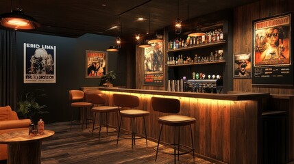 Modern bar with cozy pendant lighting, movie posters, and a rustic counter, creating a trendy, intimate atmosphere for gatherings