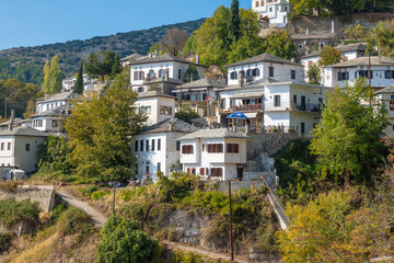 Panoramic view of Makrinitsa village with traditional architecture nestled in lush foliage in Pelion, Greece