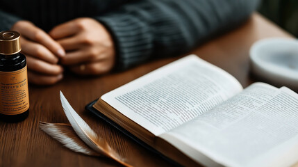 Close-up of an open book on a wooden table with folded hands, a bottle, and feathers placed nearby, suggesting a scene of study or contemplation.