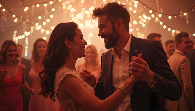 Pareja bailando en primer plano y amigos al fondo, celebrando una fiesta, una boda.