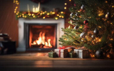 A cozy fireplace with a roaring fire, a decorated Christmas tree, and wrapped presents in the foreground create a festive winter scene.