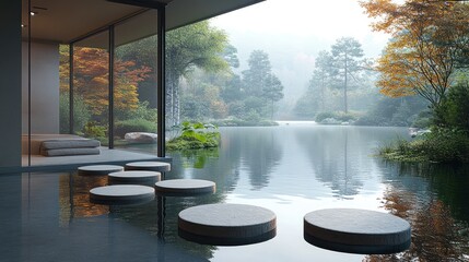 Serene indoor space with stepping stones leading to a tranquil pond.