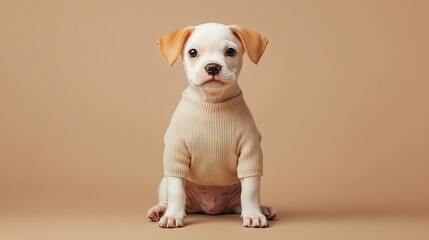 Fierce expression captured in a lab puppy with a wide stance, displaying realistic apparel against a light brown background, enhanced by studio lighting for pet photography, AI generated.