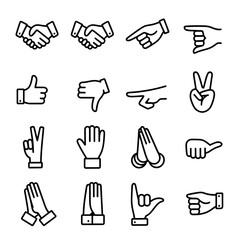 vector illustration of a diverse collection of minimalist, line-based hand gesture icons. 