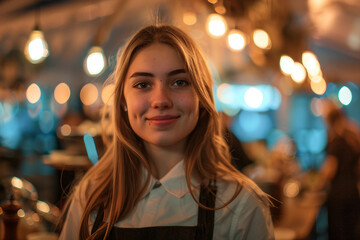 Obraz premium Generative AI Image of Waiter or Waitress Working in Fast Food Cafe Restaurant with Warm Ambient Lighting