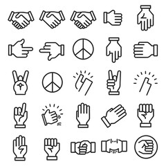 vector illustration of a diverse collection of minimalist, line-based hand gesture icons. 
