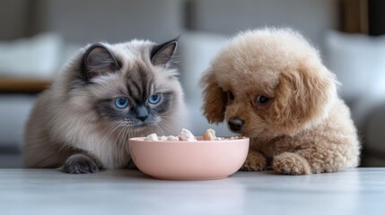 Obraz premium Cat and dog sharing a meal.