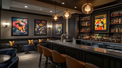 Warm, inviting bar with soft pendant lights, classic posters, and a cozy seating arrangement, perfect for an intimate social space