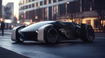 Futuristic white sports car parked on a city street with people walking by in the background.