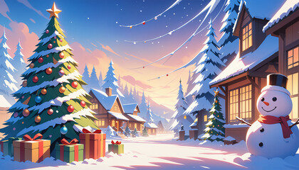 Snowy Christmas Village with Gifts and Christmas Trees