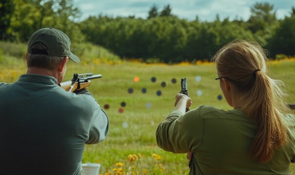 Two people shooting at targets in a field.