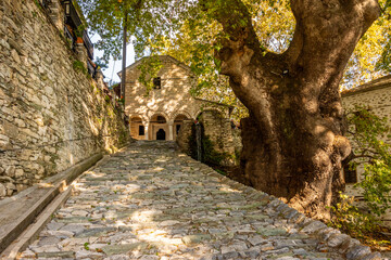 Cobblestone path with an ancient plane tree leading to the church of Agios Athanasion in Makrinitsa, Pelion Greece 