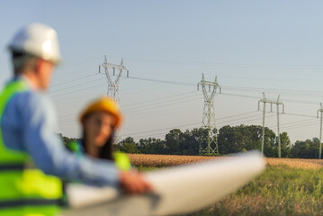 Engineers discussing project plans near power lines