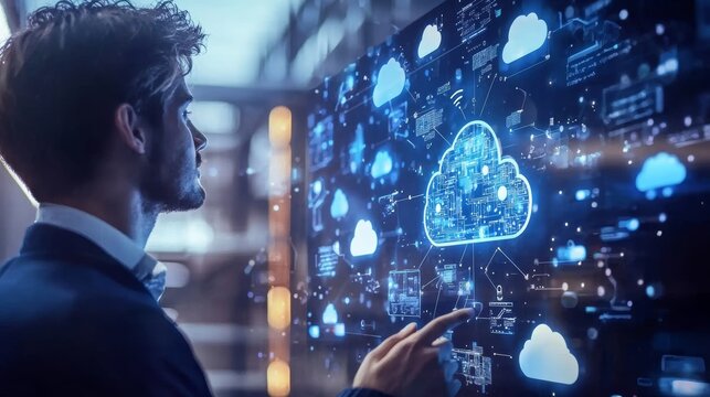 It professional conducting a virtual meeting with clients discussing cloud migration strategies and ai enhancements