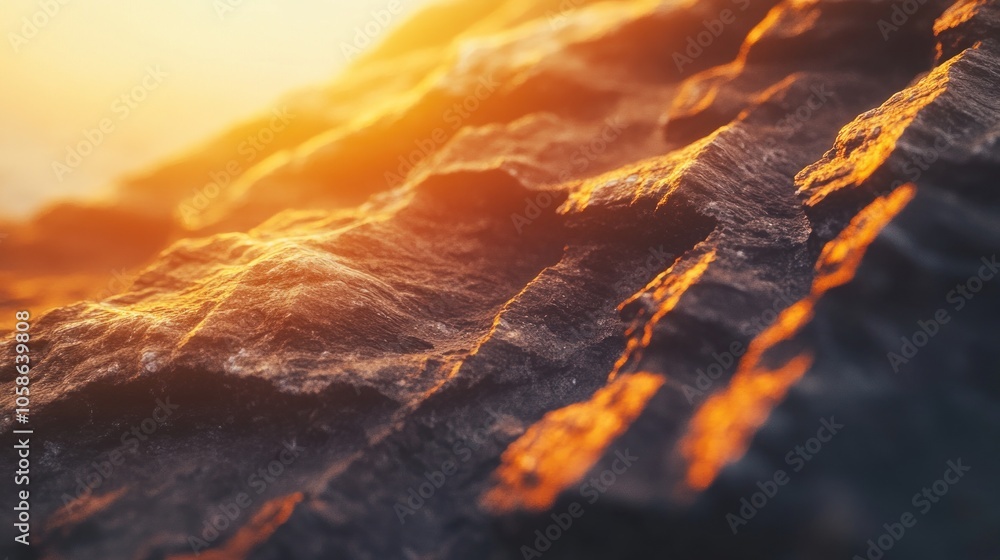 Poster close-up of a rocky surface illuminated by warm sunlight, creating a textured and abstract pattern.