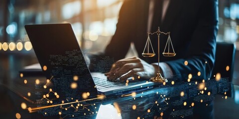 Lawyer using ai software to analyze legal documents and contracts in a modern office environment