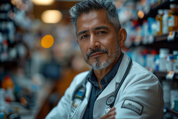Obraz premium Generative AI Image of Pharmacist at Work in a Pharmacy, medication sphere, meds prescription