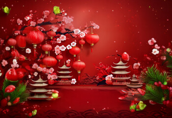 Obraz premium A red background with a pagoda, cherry blossoms, and lanterns.