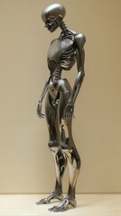 Futuristic metallic skeleton sculpture.