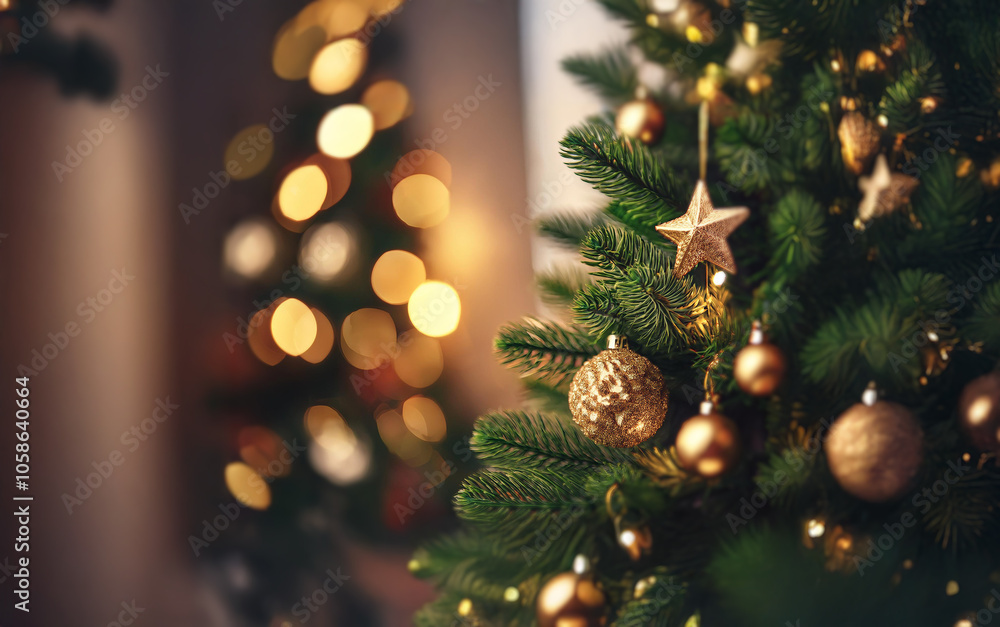 Poster a close-up of a decorated christmas tree with gold ornaments and a star on a branch, with a blurred 