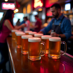 Eight glasses of beer arranged in a row on a bar counter,