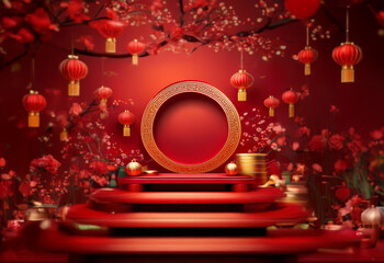 Red lanterns and cherry blossoms decorate a three-tiered platform with a gold circular frame.