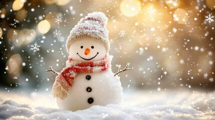 Fototapeta premium A cheerful snowman in a snowy landscape, adorned with a colorful scarf and hat, capturing the joy of winter season.