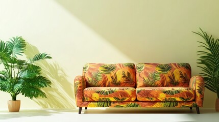 Colorful tropical sofa in a bright, minimalistic room with plants.