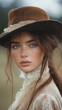 Beautiful woman in vintage hat.