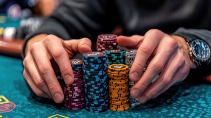 Close up of a poker player's hands holding a stack of chips on a green felt table.