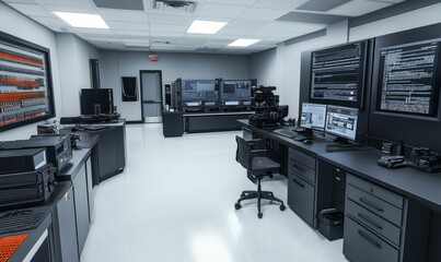 Black office with computers and a desk.