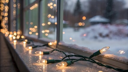 Holiday lights on window for New Year's Eve