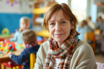 Generative AI Image of Elderly Nanny or Teacher Smiling in Warm Nursery Classroom Setting