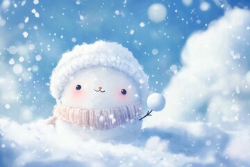 A cute snowman character wearing a cozy hat and scarf, enjoying a snowy winter day with falling snowflakes in a dreamy background.