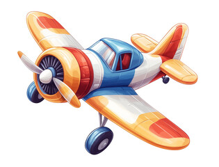 Colorful cartoon airplane flying in the air. Children's toy airplane illustration isolated on white and transparent background