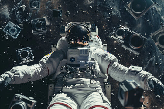 Futuristic space DJ astronaut performing at cosmic party with lights and technology, Generative AI