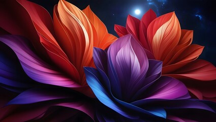 Stunning Abstract Floral Artwork: Colorful Petals in Red, Purple, and Blue with Cosmic Backdrop.