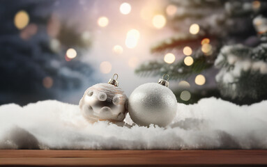 Obraz premium Two silver Christmas ornaments sit on a wooden surface covered in snow with a bokeh background of Christmas lights and fir branches.
