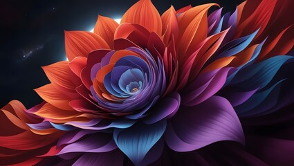 Stunning Abstract Floral Artwork: Colorful Petals in Red, Purple, and Blue with Cosmic Backdrop.
