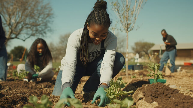 diverse group of people planting seeds in community garden, showcasing teamwork and joy in gardening. sunny day enhances vibrant atmosphere of growth and collaboration