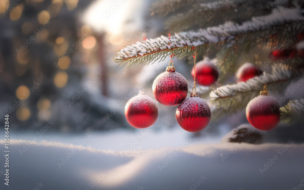 Poster red christmas ornaments hang from a snow-covered evergreen tree branch with a snowy background and w