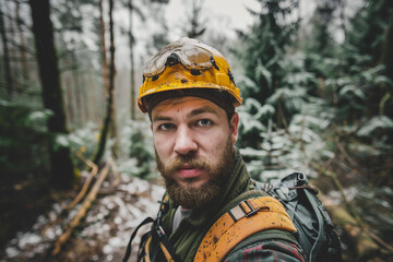 Naklejka premium Generative AI image of a handsome virile bearded woodcutter at work in a traditional woodworking workshop