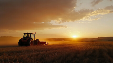 Fototapeta premium tractor plowing field at sunset, creating serene and picturesque landscape. warm hues of sky blend beautifully with golden fields, evoking sense of tranquility and hard work