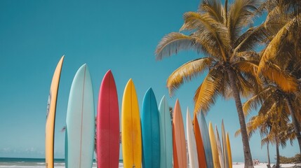 A row of colorful surfboards stand tall against a blue sky and palm trees on a sunny beach.