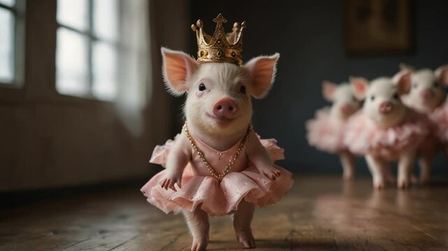 pigs in a farm wearing queen dress